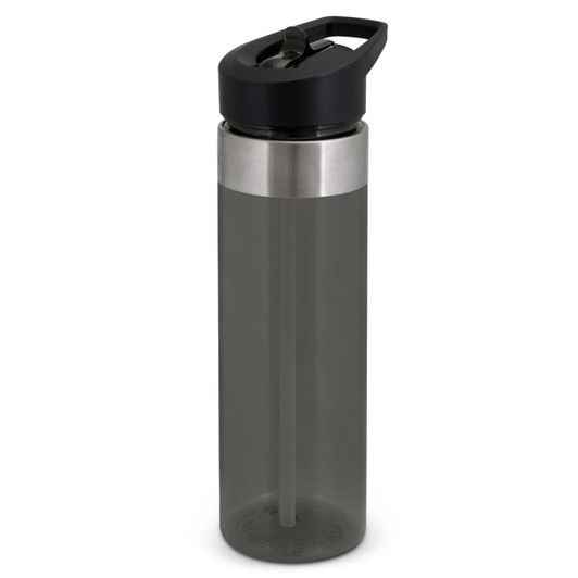 A drink bottle with a grey body, stainless steel band, and a black lid featuring a handle. It has a logo.