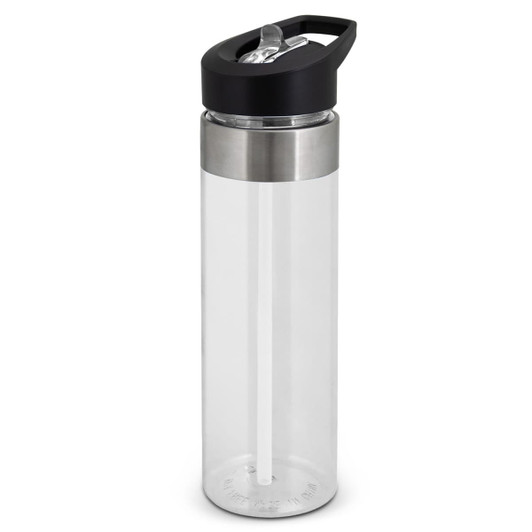 A drink bottle with a transparent body, stainless steel band, and black lid. It features a built-in straw and a logo.