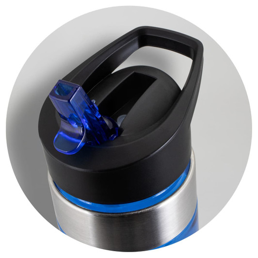 A drink bottle with a stainless steel body and a black lid, featuring a blue spout and carrying handle.