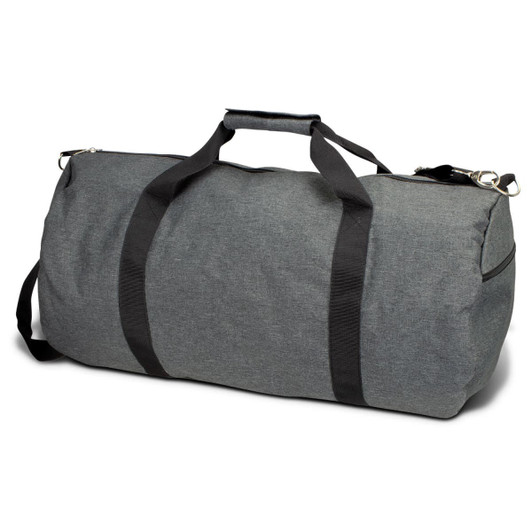 A grey duffle bag with black straps and a padded handle, featuring a side zip closure and a branding logo.