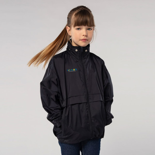 A black windbreaker jacket for kids featuring a stand-up collar and elastic cuffs. Includes a logo on the front.