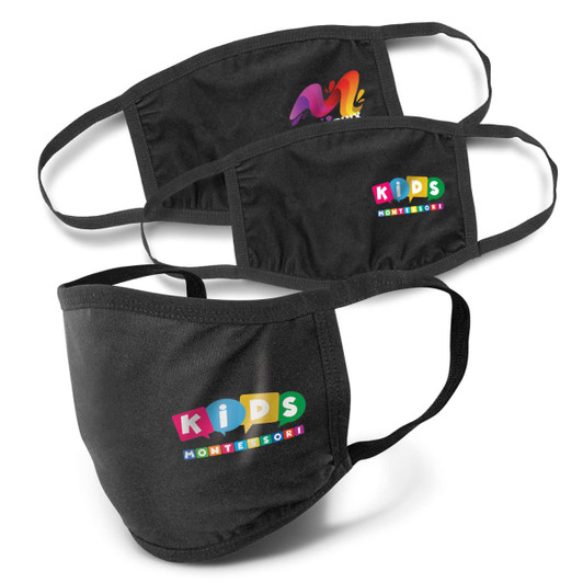 Three black reusable 3-ply cotton face masks featuring colourful logos, arranged with one mask in front.