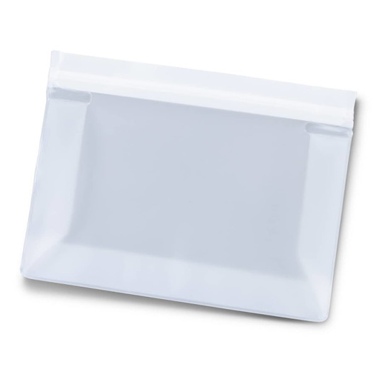 A clear reusable pouch with a zip seal at the top, suitable for various storage needs.