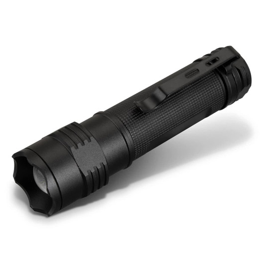 A black torch with a textured grip and a clip on the side, designed for portability and ease of use.
