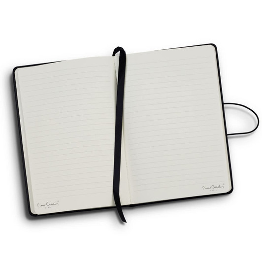 A black Pierre Cardin Biarritz notebook with lined pages and a ribbon bookmark. Features a logo on the bottom corner.