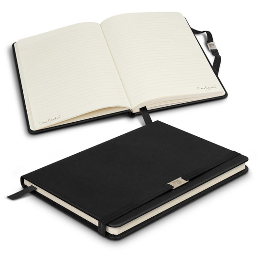 A black notebook with an elastic closure, featuring lined pages and a ribbon bookmark, showcasing a logo.