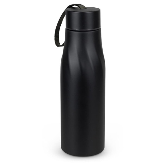 A drink bottle in matte black with a twist top and a carry strap, featuring a simple design.
