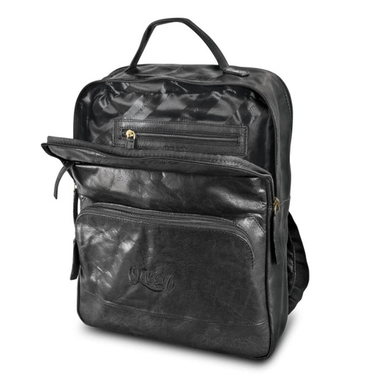 A black leather backpack featuring multiple compartments and a simple design, complete with a logo on the front.