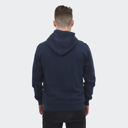 A navy unisex hoodie with a hood, featuring a branding logo at the back.