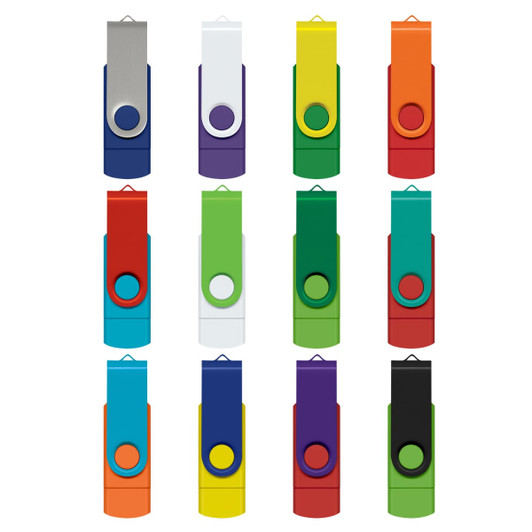 A set of Helix 8GB dual flash drives in various colours, including purple, orange, green, and red, displayed in rows.