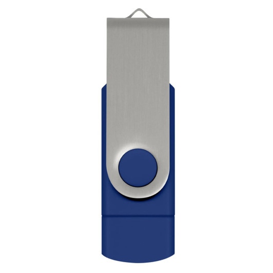 A blue Helix 8GB dual flash drive with a silver clip and button, featuring a logo on the clip.