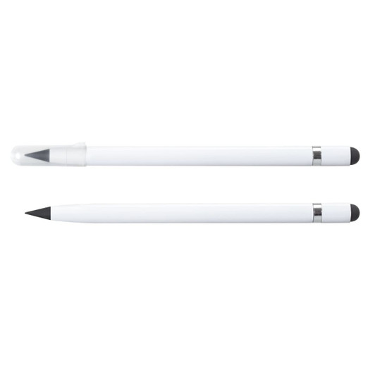 A white stylus pen with a rounded tip and a clear cap, featuring a silver band. Two pens are displayed.