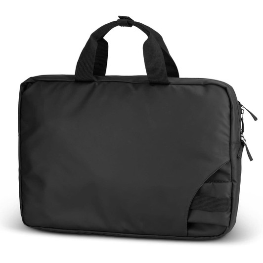 Aquinas Sling Laptop Bag in black with dual handles and a zippered compartment. Features branding on the exterior.
