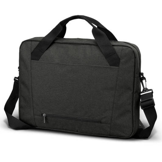 A green laptop bag with dual handles, a shoulder strap, and a zippered pocket on the back. It features a logo.