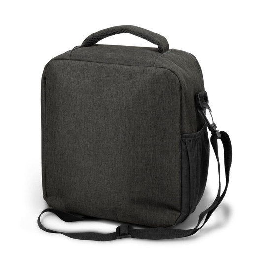 A dark green cooler bag with a handle and adjustable strap, featuring a side mesh pocket and a logo.