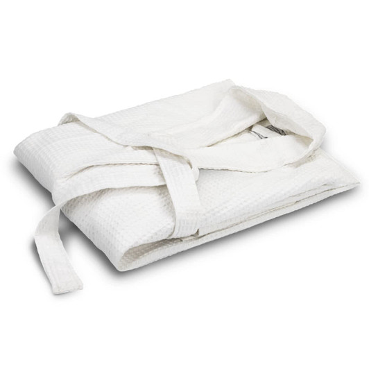 A folded white waffle bathrobe with a matching tie belt, featuring a textured fabric and branding.