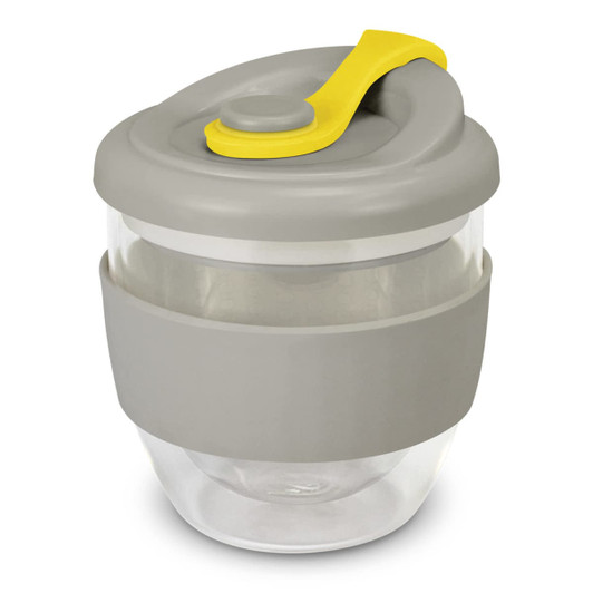A drink bottle with a grey body, clear glass section, and a yellow lid. It features a logo on the surface.