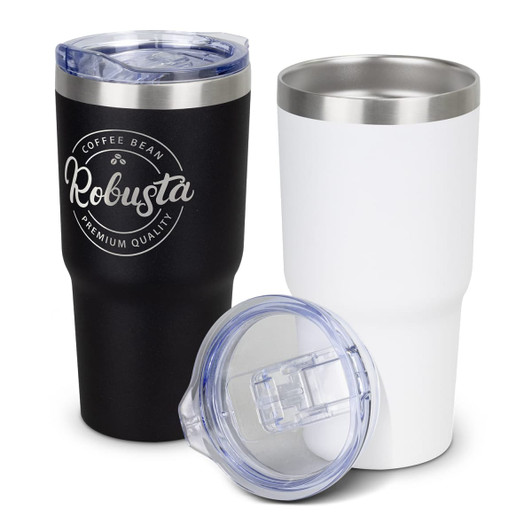 A drink bottle featuring a matte black and white powder-coated finish, includes a clear lid and branding.