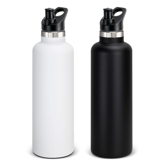 A drink bottle in matte black and white, featuring a cap with a spout and a stainless steel accent.