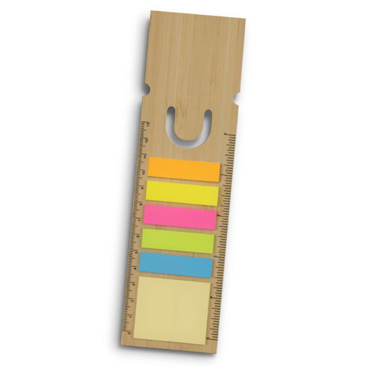 A bamboo ruler bookmark featuring a ruler and multicoloured sticky notes in orange, pink, green, and blue.