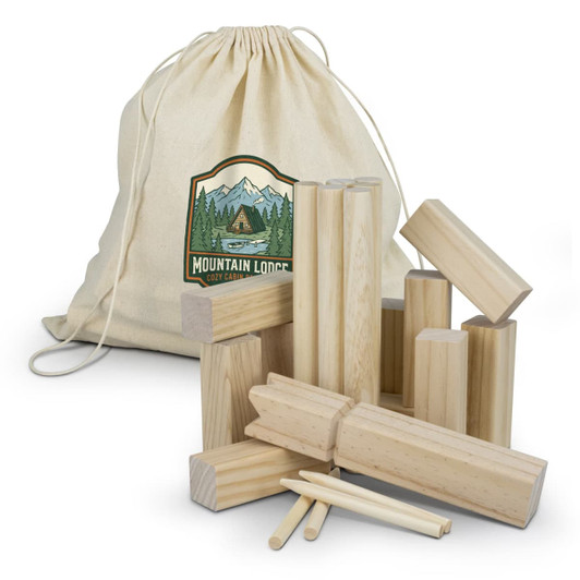A set of wooden Kubb game pieces in natural wood colour, with a drawstring bag featuring a logo.
