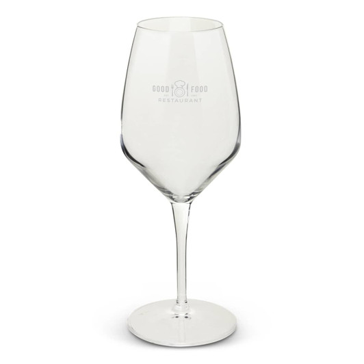 A clear glass wine glass with a tall, elegant design and a branded logo on the surface.