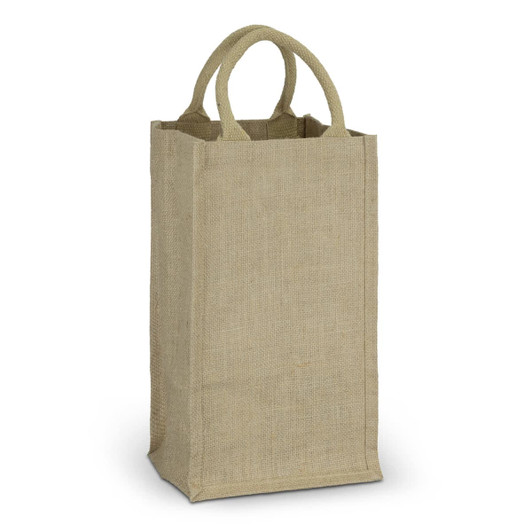 A jute four bottle wine carrier in a natural beige colour with two sturdy handles. It features branding on the side.