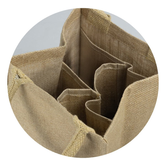 A jute wine carrier in a natural tan colour with compartments for four bottles and a textured fabric finish.