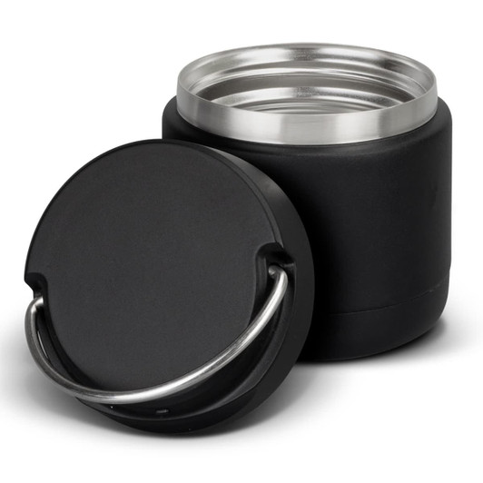 A drink bottle in matte black with a removable lid and a metal handle, featuring a stainless steel interior.
