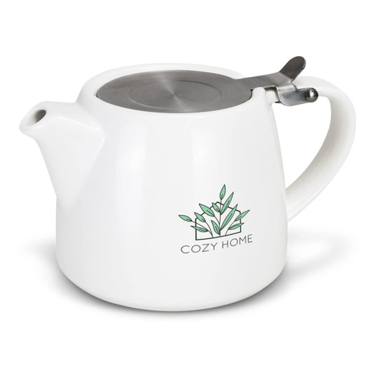 A white teapot with a stainless steel lid and a logo featuring green leaves.