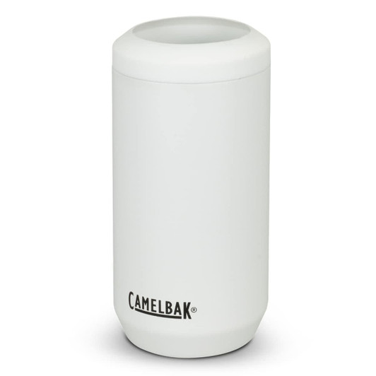 A drink bottle in white with a rounded design and a logo, featuring a 500ml capacity for can cooling.