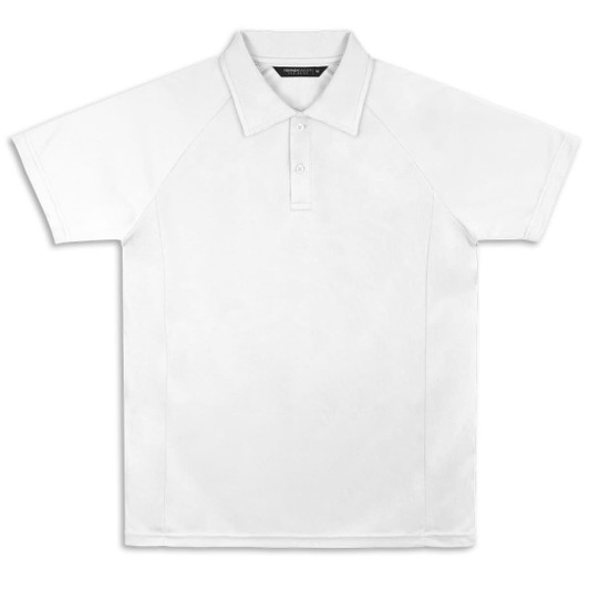 A white polo shirt with a collar and a logo on the chest, featuring short raglan sleeves.
