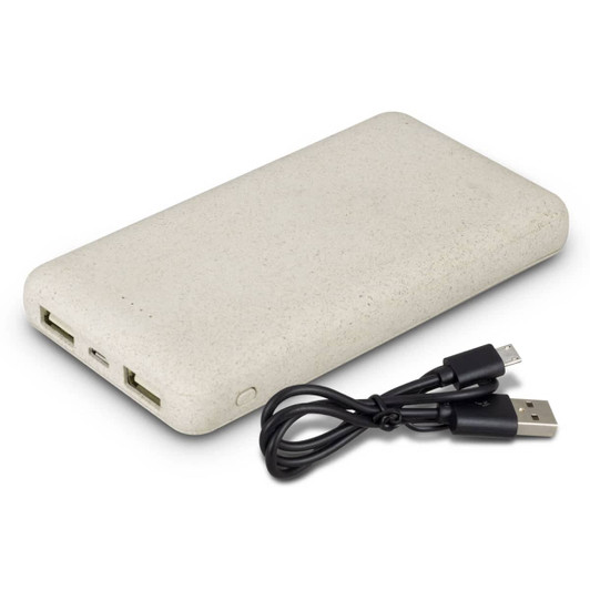 A light grey power bank with two USB ports and a black charging cable. The power bank has a smooth, textured surface.
