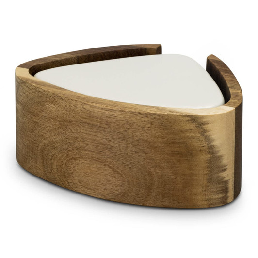 A wooden coaster set in a triangle shape with a smooth white surface, featuring a rich brown wood base and curved edges.