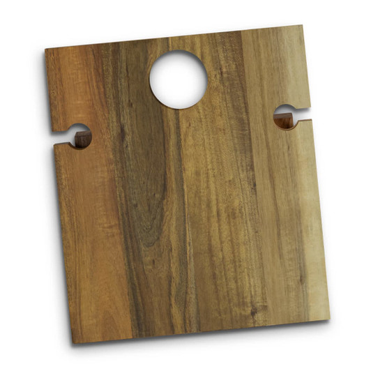 A wooden folding wine table in shades of brown, featuring a circular cut-out and two side notches.