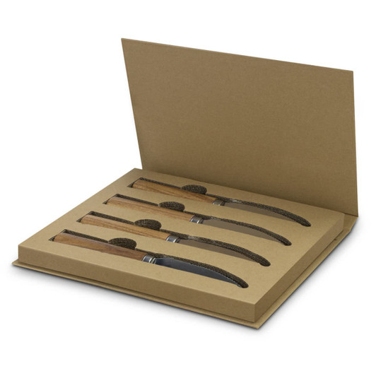 A steak knife set featuring four knives with wooden handles, presented in a kraft box.