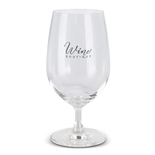 A clear wine glass with a curved bowl and a sturdy base, featuring a logo.