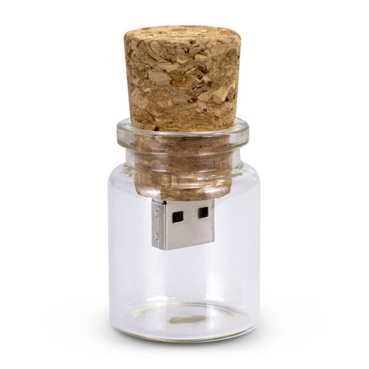 A drink bottle-shaped flash drive with a cork stopper, featuring a silver USB connector, in clear glass.