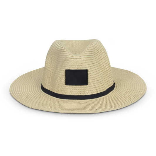 A beige wide-brim hat with a black band and an attached logo.