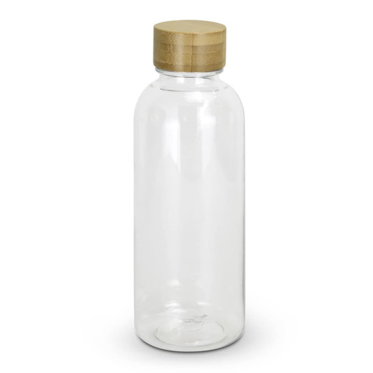 A drink bottle made of clear material with a wooden lid. It features a simple, sleek design.