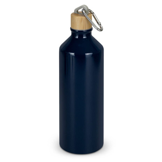 A drink bottle in navy blue with a bamboo cap and a metal carabiner attached. It features a logo.