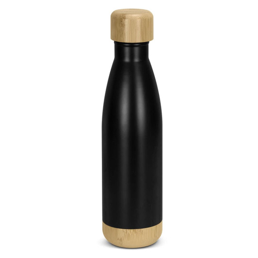 A drink bottle featuring a sleek black design with a bamboo base and wooden lid.