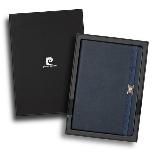 A navy notebook with a clasp, presented in a black gift box, featuring branding. Perfect for office use.