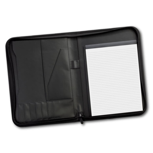 A black travel portfolio case featuring multiple pockets and a lined notepad inside.