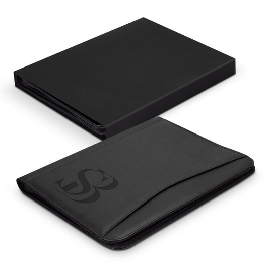 A black Carrington Portfolio with a textured exterior and a logo, featuring a sleek, magnetic closure.