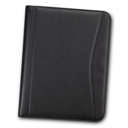 A black Carrington Portfolio featuring a textured finish and a sleek design, with a logo present on the cover.