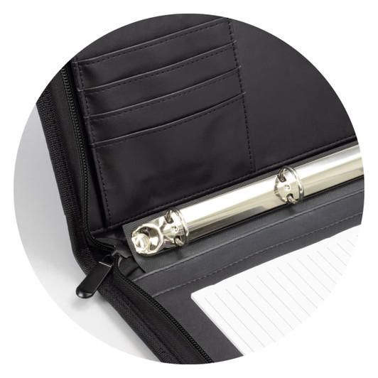 A black Carrington Portfolio with a zipper, featuring pockets and a metal ring binder inside.