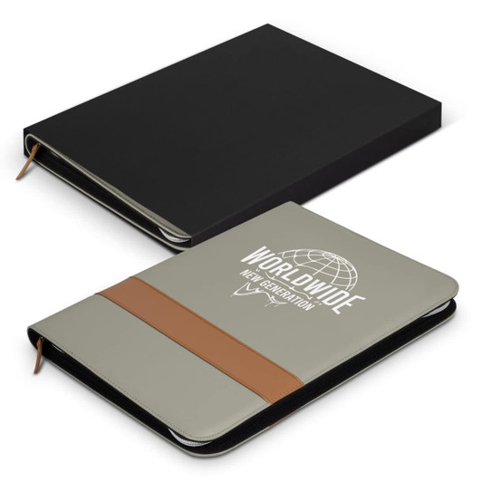 A grey and black portfolio with a brown strap and branding, featuring a sleek design and zippered closure.