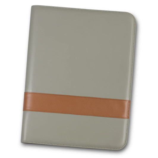 A grey portfolio with a brown leather accent, featuring a smooth finish and a logo on the front.