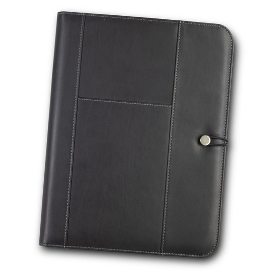 A black Melrose Portfolio with a textured finish and a button closure, featuring interior pockets and stitching details.